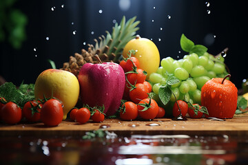 Fruits and vegetables in a cart on a dark blue background.