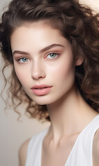 Beautiful young woman with clean skin on a white background. Skin care.