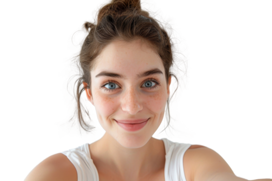 Portrait of beautiful young woman taking selfie posing with smile and attractive focus look, isolated on transparent png background.