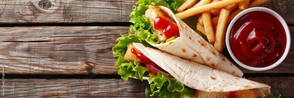 Poster top view of classic wraps and fries on wooden table with ample space for text placement above view