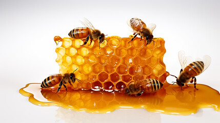 Honey in a honeycomb with bees on a white background. Passover.