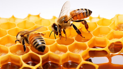 Honey in a honeycomb with bees on a white background. Passover.