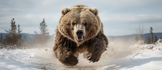 Brown Bear Running in winter