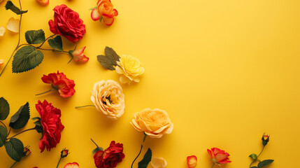 Flores visto de cima isolado no fundo amarelo - obrazy, fototapety, plakaty
