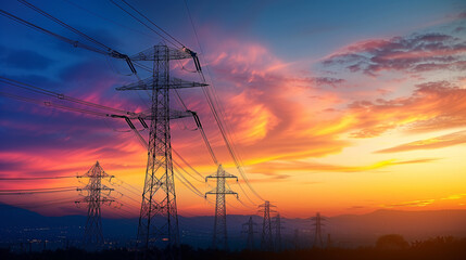Dramatic sunset sky silhouetting the high voltage electricity pylons stretching across the horizon.