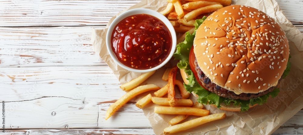 Aufkleber top view of classic burger and fries on wooden table with ample space for text placement above view