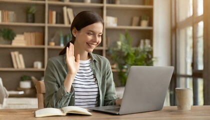 Happy young nice woman looking at the laptop screen, holding video call meeting conversation, discussing working issues, passing job interview from home. Distant communication concept
