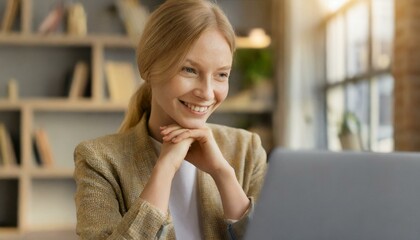 Happy young nice woman looking at the laptop screen, holding video call meeting conversation, discussing working issues, passing job interview from home. Distant communication concept
