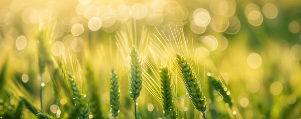 Close-up of wheat with dew drops in a field at sunrise. Bokeh light effect in the background. Agriculture and cereal crop concept. Design for packaging, agricultural banner with copy sapce. - obrazy, fototapety, plakaty