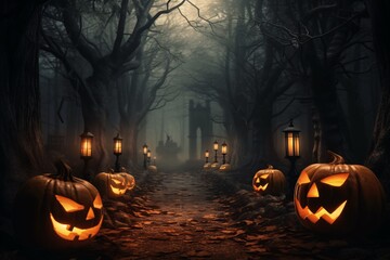 a path with lanterns and pumpkins on it