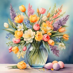 A glass vase filled with a vibrant bouquet of spring flowers, including delicate freesia and wild flowers ,ai image,