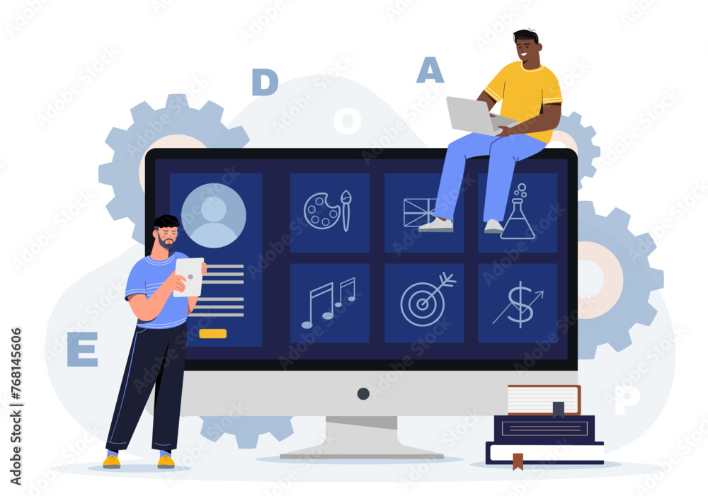 Poster electronic learning concept. two men with laptops and computer. online courses and lessons for unive