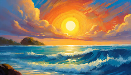 Oil painting of sunset over the ocean with sun in cloudy sky. Sea waves. Natural landscape.