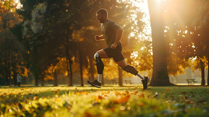 Prosthetic Limbs Athlete Defying Gravity in Vibrant Golden Hour Park Jog