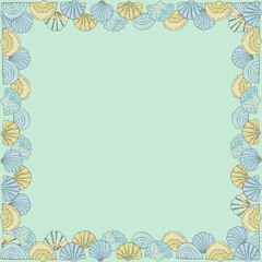 Seashell frame for summer photos, social media for holiday design with place for your text. Greeting card template. Isolated on white background