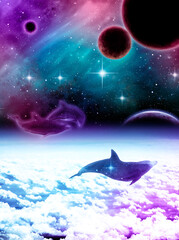 Silhouette of dolphins in space among the planets and stars