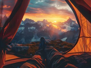 Morning Solitude: Tourist's Awe-Inspiring View from Tent Door at Sunrise