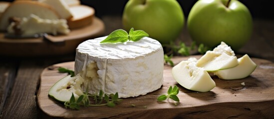 A wooden cutting board is adorned with slices of goat cheese and fresh apples, creating a simple yet elegant display. The natural colors of the food contrast beautifully with the rustic wood
