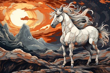 a unicorn with a horn and mane standing in a mountain landscape