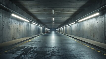 An urban tunnel interior is shown devoid of traffic.