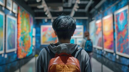 Young adult admiring art on walls of train gallery - obrazy, fototapety, plakaty