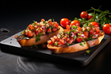 Tempting bruschetta on a slate plate against a white ceramic background