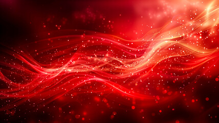 red abstract background with glowing waves and light particles	