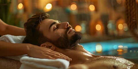 A man receiving a relaxing spa massage from a therapist in a serene and tranquil setting. Concept Spa Massage, Relaxation, Tranquility, Wellness, Rejuvenation