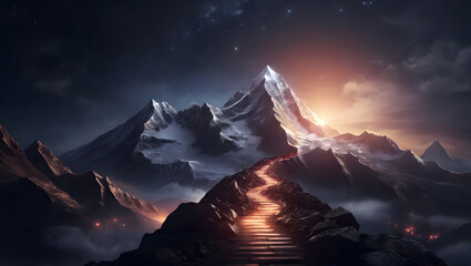 Glowing path leading to success concept toward the top of the mountains