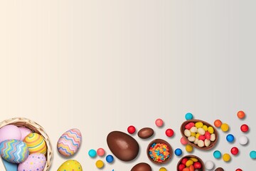 Fototapeta na wymiar Easter frame with Colorful eggs on the desk