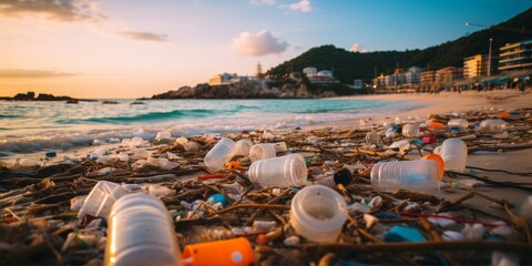 Fototapeta na wymiar Sunset Beach Littered with Plastic Waste
