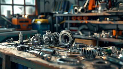 Fototapeta premium Gears and tools on auto repair shop table. Body shop. 