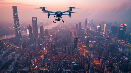 Aerial Exploration: Drone Surveying Urban Horizon - obrazy, fototapety, plakaty