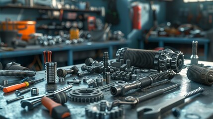 Gears and tools on auto repair shop table. Body shop. 