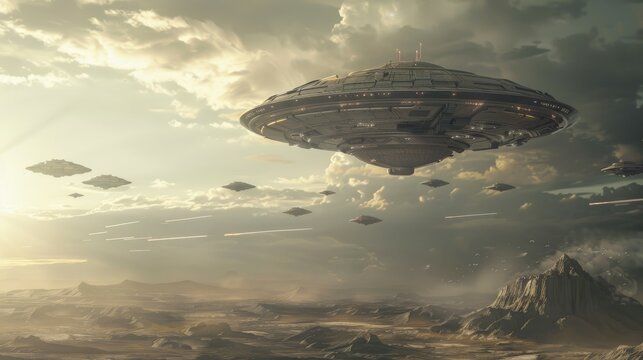 Fantasy alien scene ufo battle. War with aliens ship.