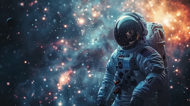 Astronaut in Space Suit Standing Before Star Filled Sky
