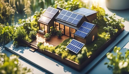 An energy efficient model house with solar panels with plants in sunny day, ecology and sustainability concept. miniature house realistic concept of solar energy,