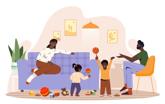 Family sitting indoors. Man and woman with boys and girls playing in toys. Maracasses and balls, teddy bear. Entertainment and leisure in apartment. Cartoon flat vector illustration