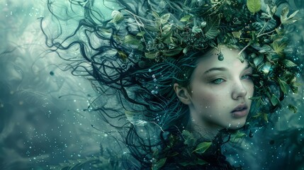 A mother earth from Asia in the depths of the ocean with hair full of leaves.