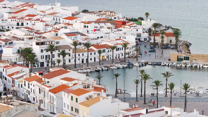 Fototapeta na wymiar Top view panorama of Fornells town and harbor in Menorca Island, Spain