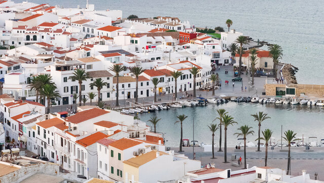 Top view panorama of Fornells town and harbor in Menorca Island, Spain