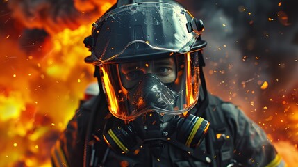 Close up, face firefighter in working the disaster zone. - obrazy, fototapety, plakaty