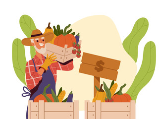 Farmer sell vegetables. Elderly man with cardboard boxes with natural and organic products. Support your local shop. Pensioner with boxes with tomato and eggplants. Cartoon flat vector illustration