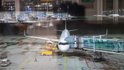 Airplane parked at the airport gate ready for boarding passengers for flight