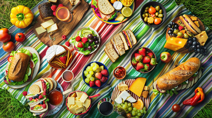 Fototapeta na wymiar Aerial View of Picnic Blanket Spread with Delicious Food in Park Setting