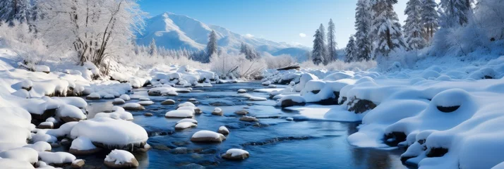 Fotobehang Winter Wonderland Along Serene River © Vladimir