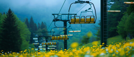 Empty Cabin of ski lift over scenery blooming hills, mountain and forest.Tourism. Ski or skiing background. Springtime. Mountain resort concept. Panorama view. Generative ai - obrazy, fototapety, plakaty
