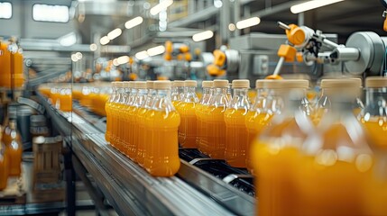 Witness the intricate manufacturing process in close-up, as glass bottles with screw caps travel along the conveyor belt