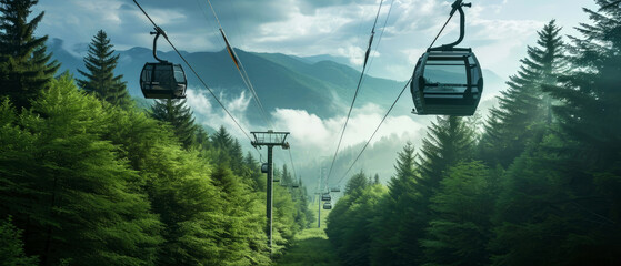 Empty Cabin of ski lift over scenery blooming hills, mountain and forest.Tourism. Ski or skiing background. Springtime. Mountain resort concept. Panorama view. Generative ai