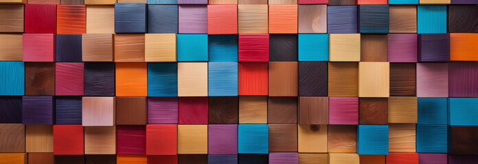 Colored wooden cubes wall. Abstract Colorful Background Made of Colored Wooden Cubes
